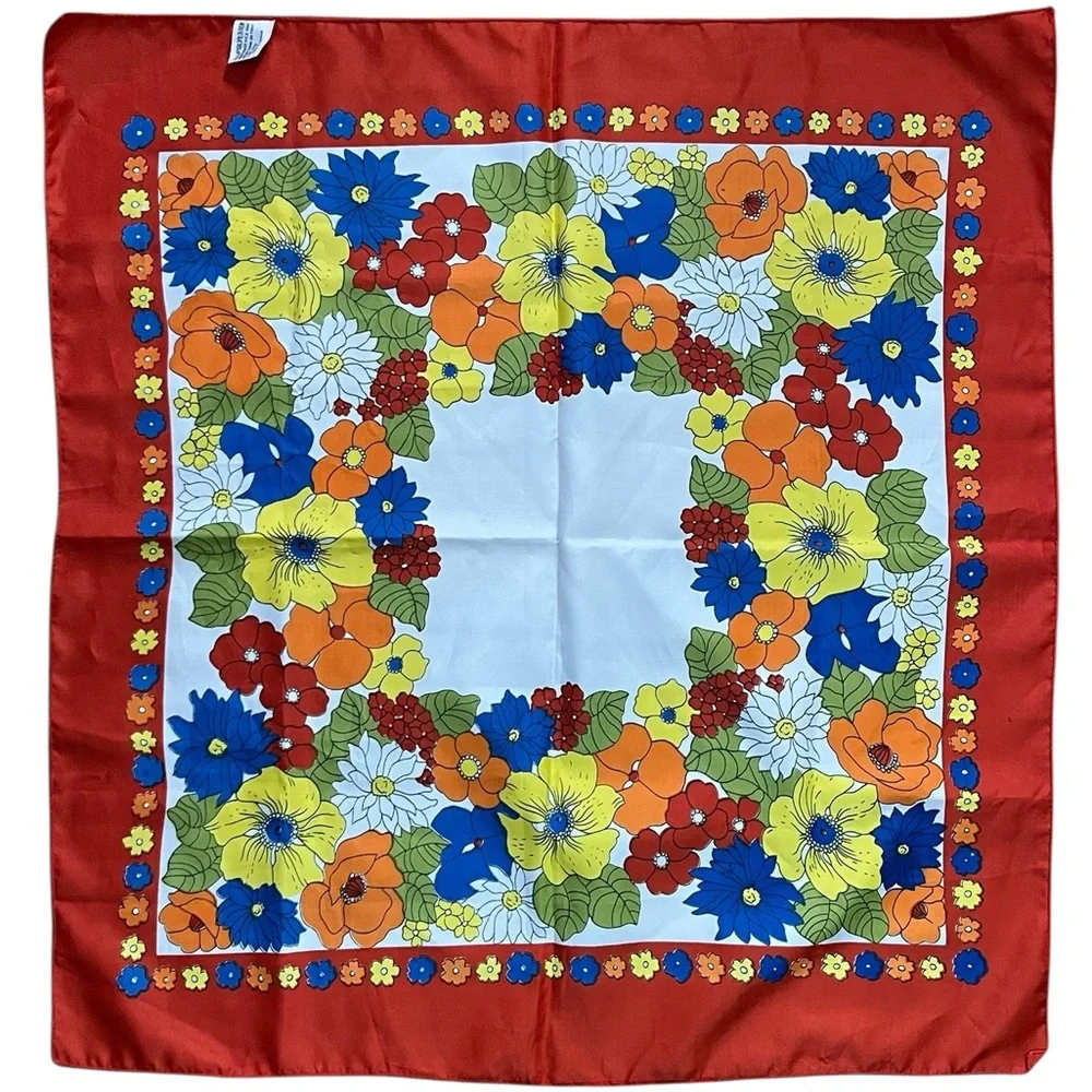 Vintage Rain-Fold Scarf All Weather Floral Red Orange Polyester 27